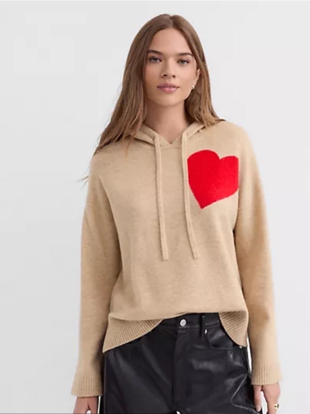 LOFT Tan Hooded Sweater with Red Heart Graphic Camel Heather Sz S